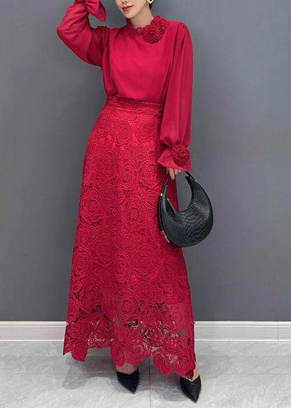 Fine Red Rose Lace Shirts And Maxi Skirts Two Pieces Set Fall AO1033