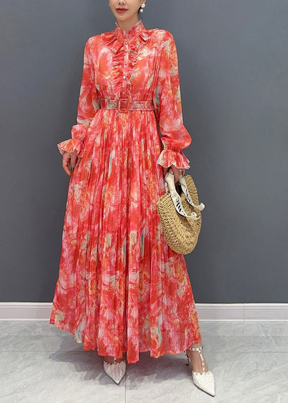 Fashion Red Stand Collar Print Sashes Chiffon Long Dress Long Sleeve AO1035