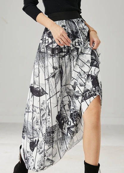 White Print Chiffon Pleated Skirts Elastic Waist Summer AZ1049