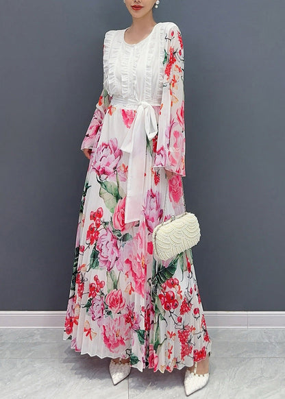 Fashion White O-Neck Ruffled Patchwork Tie Waist Chiffon Long Dress Long Sleeve AO1034