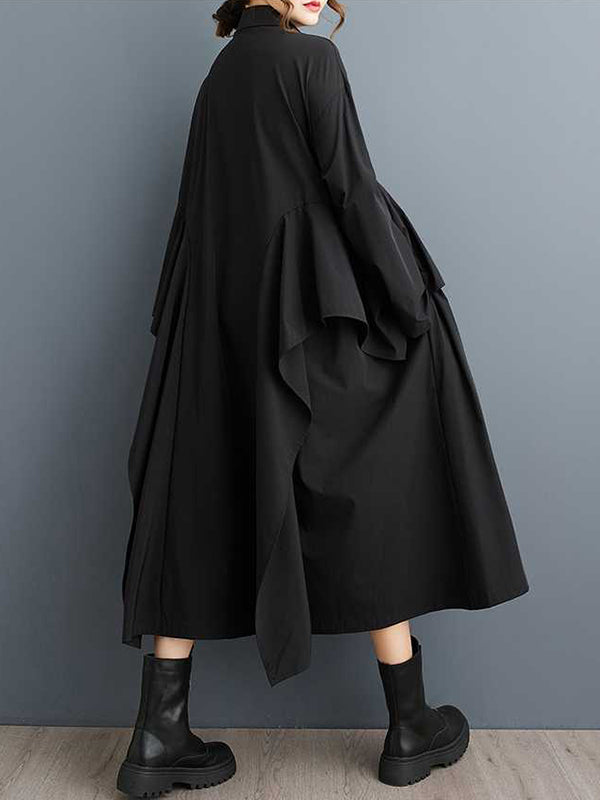 Robe noire unique à manches longues et revers boutonnés, bordure à volants et patchwork TW018 