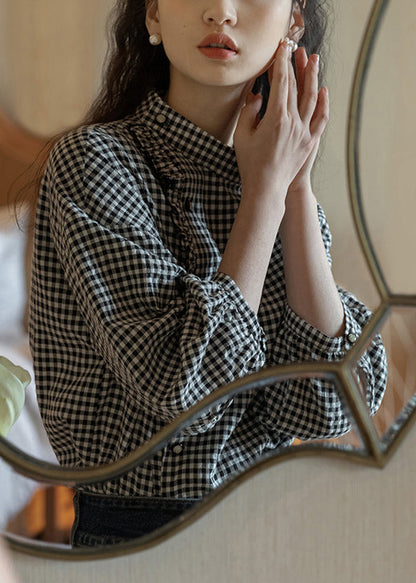 French Plaid Stand Collar Ruffled Cotton Shirt Long Sleeve EE013