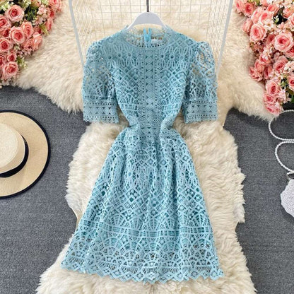 Chic Pink O-neck Hollow Out Lace High Waist Puff Sleeve Mini Dress AR1010