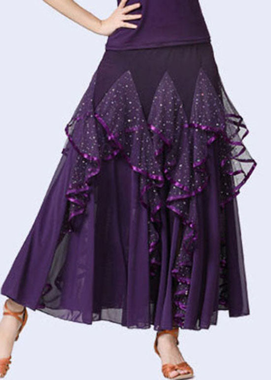 Fashion Purple Wrinkled Tulle Patchwork Sequins Cotton Skirts Summer AZ1001