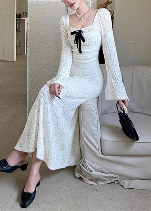 Robes carrées creuses en coton blanc à col long, élégantes et printanières 
