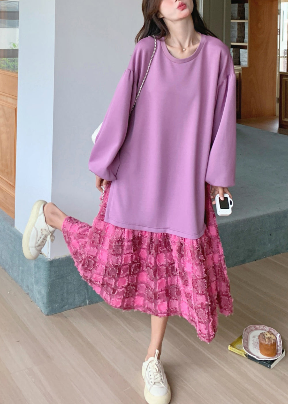 Purple Dress Spring Plaid O-Neck Loose Maxi