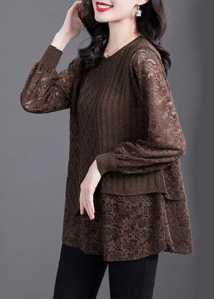 Women Coffee O-Neck Knit Patchwork Fake Two Pieces Top Fall WD029