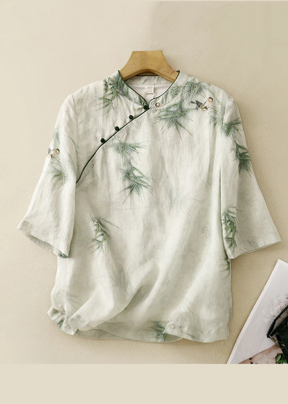 Grace Green Stand Collar Embroidered Linen Shirt Top Summer QR024