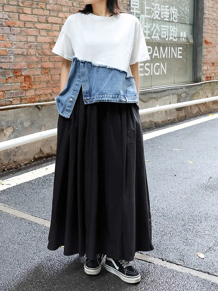 Denim Street Patchwork Sleeve White Short T-Shirt O-neck Hem