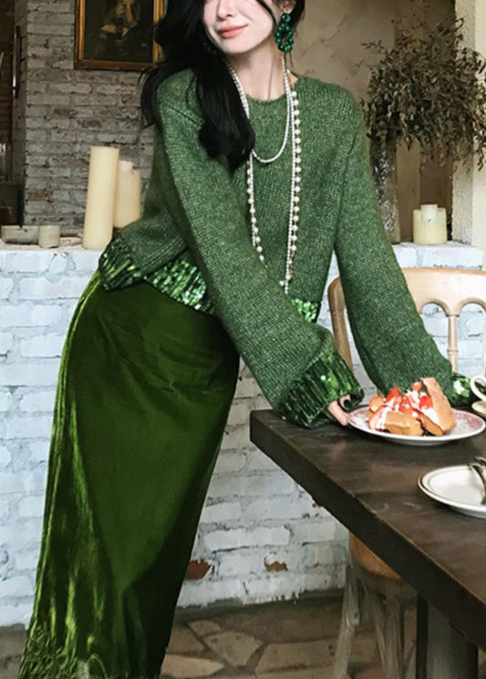 Fashion Green Hollow Out Cotton Knit Sweaters And Maxi Skirts Two Piece Set Winter WV002