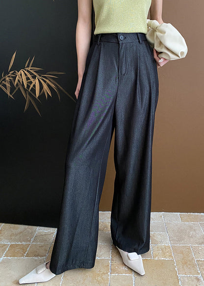 Casual Black Pockets Cotton Wide Leg Pants Summer WD003