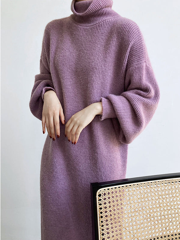 Robe pull ample à manches longues bouffantes et col montant violet Urban AN1052 