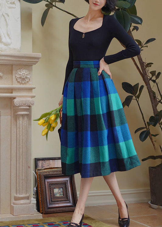 Unique Blue High Waist Plaid Wool Pleated Skirt Spring AJ1001