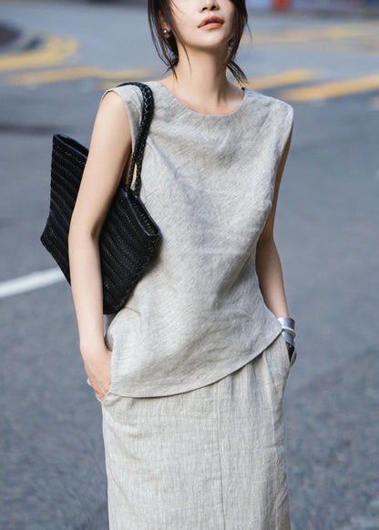 French Grey Tops And Skirts Linen Two Pieces Set Summer EE021