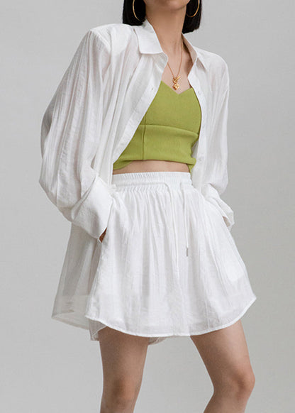 Casual White Peter Pan Collar Shirts And Shorts Two Pieces Set Long Sleeve AN1031