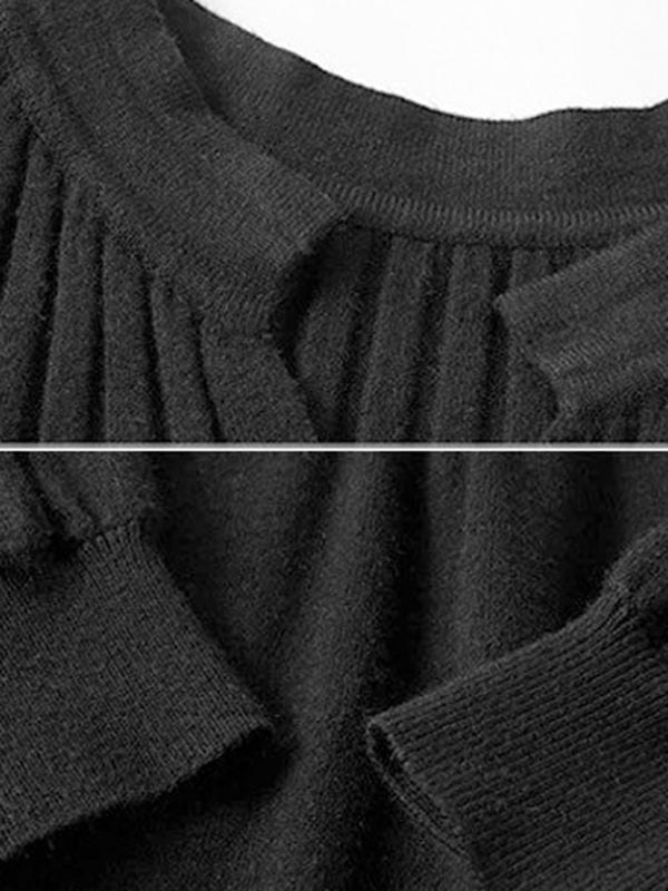 Robe en tricot décontractée ample grise à col en V et manches longues bouffantes plissées AN1038 