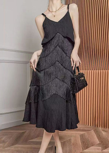 French Black Tasseled Vacation Strap Fishtail Dress Summer AJ1026