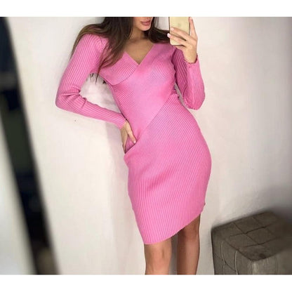 Sexy Pink V-neck Cross Slim Waist Long Sleeve Knit Sweater Dress AR1018