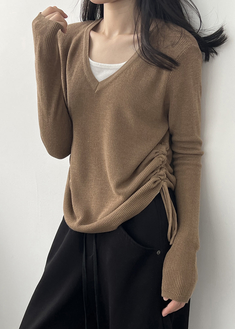 Coffee Cinched Knit Blouses V Neck Long Sleeve AF1092