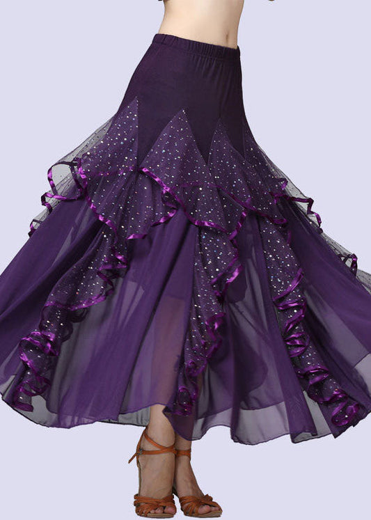 Fashion Purple Wrinkled Tulle Patchwork Sequins Cotton Skirts Summer AZ1001