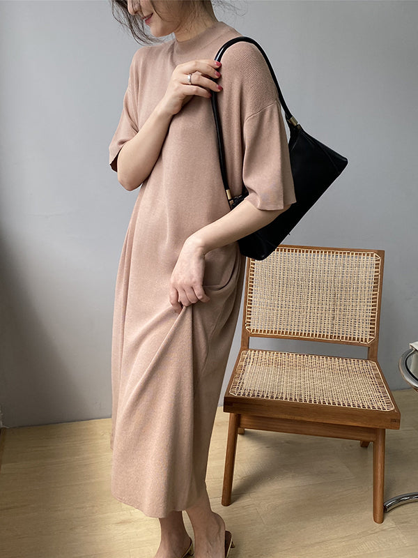 Temperament Round-neck Mauve Split-Joint Short Sleeve Sweater Dress AN1057