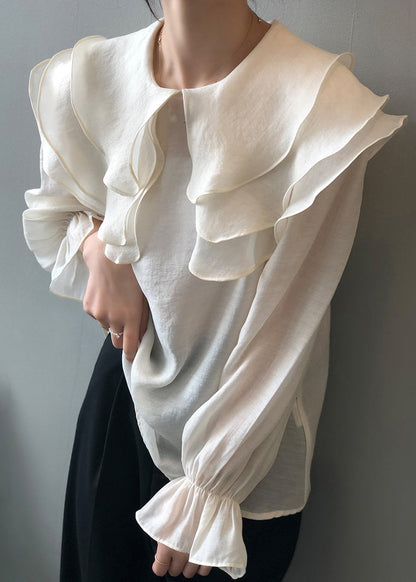 White Patchwork Thin Cotton Shirt Ruffled Long Sleeve AF1028