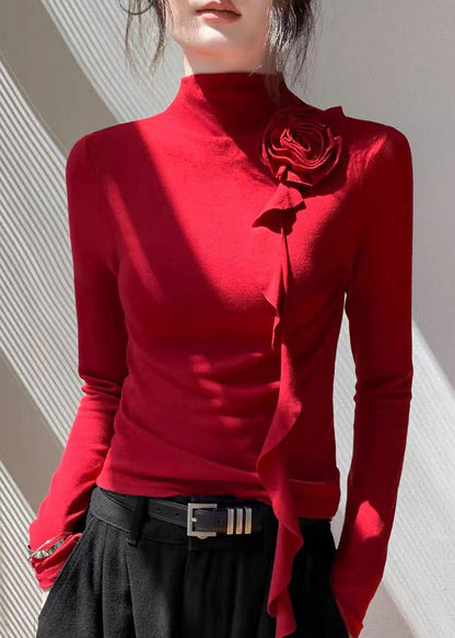 Slim Fit Red Turtleneck Rose Tassel Top Fall WV004