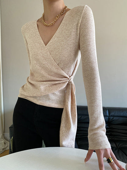 French Apricot V-Neck Asymmetric Lace-up Long Sleeves Sweater QX015