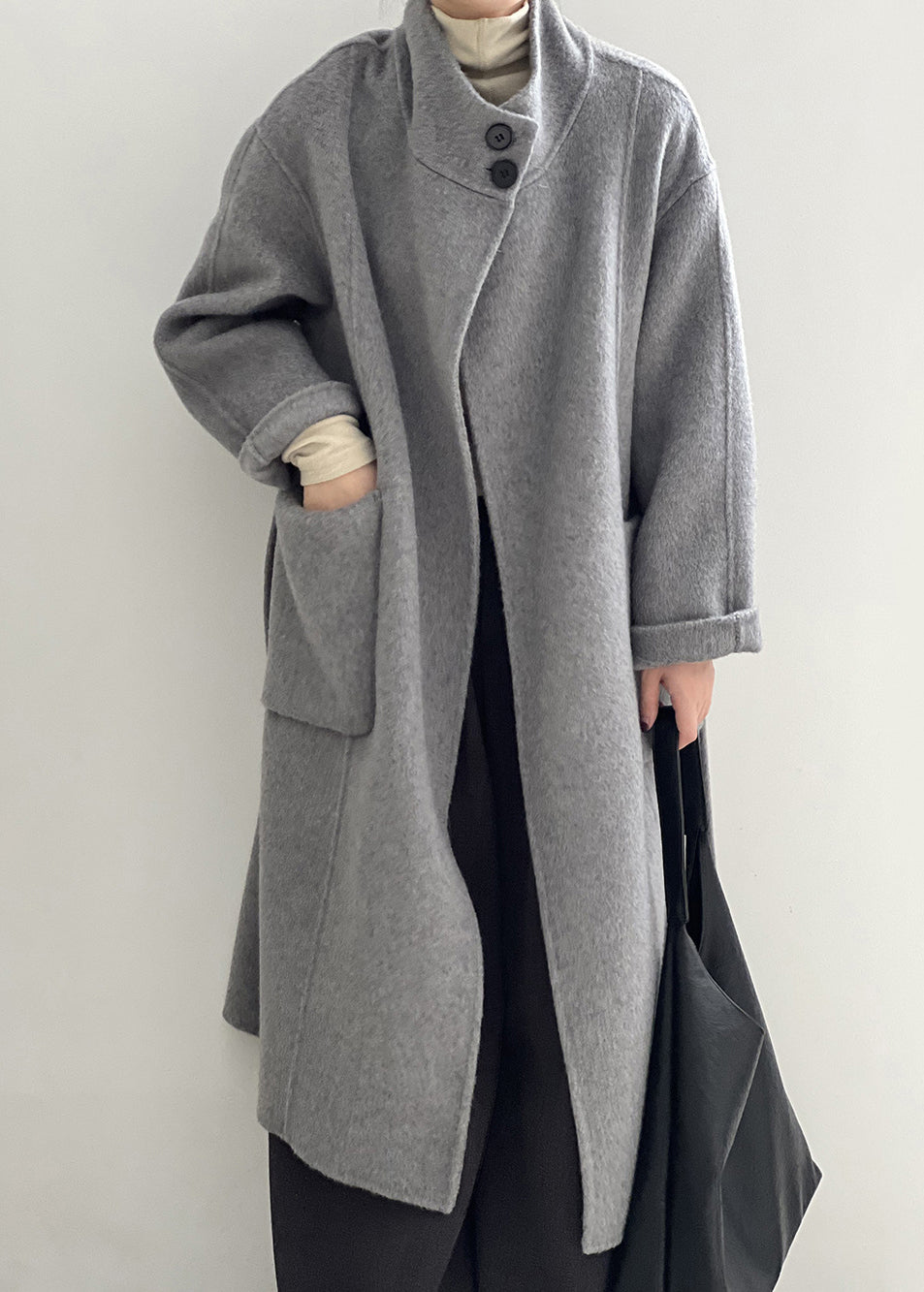 Manteau en laine gris italien à col montant et poches nouées à la taille Automne AF1099 