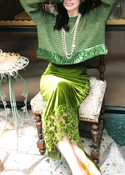 Fashion Green Hollow Out Cotton Knit Sweaters And Maxi Skirts Two Piece Set Winter WV002