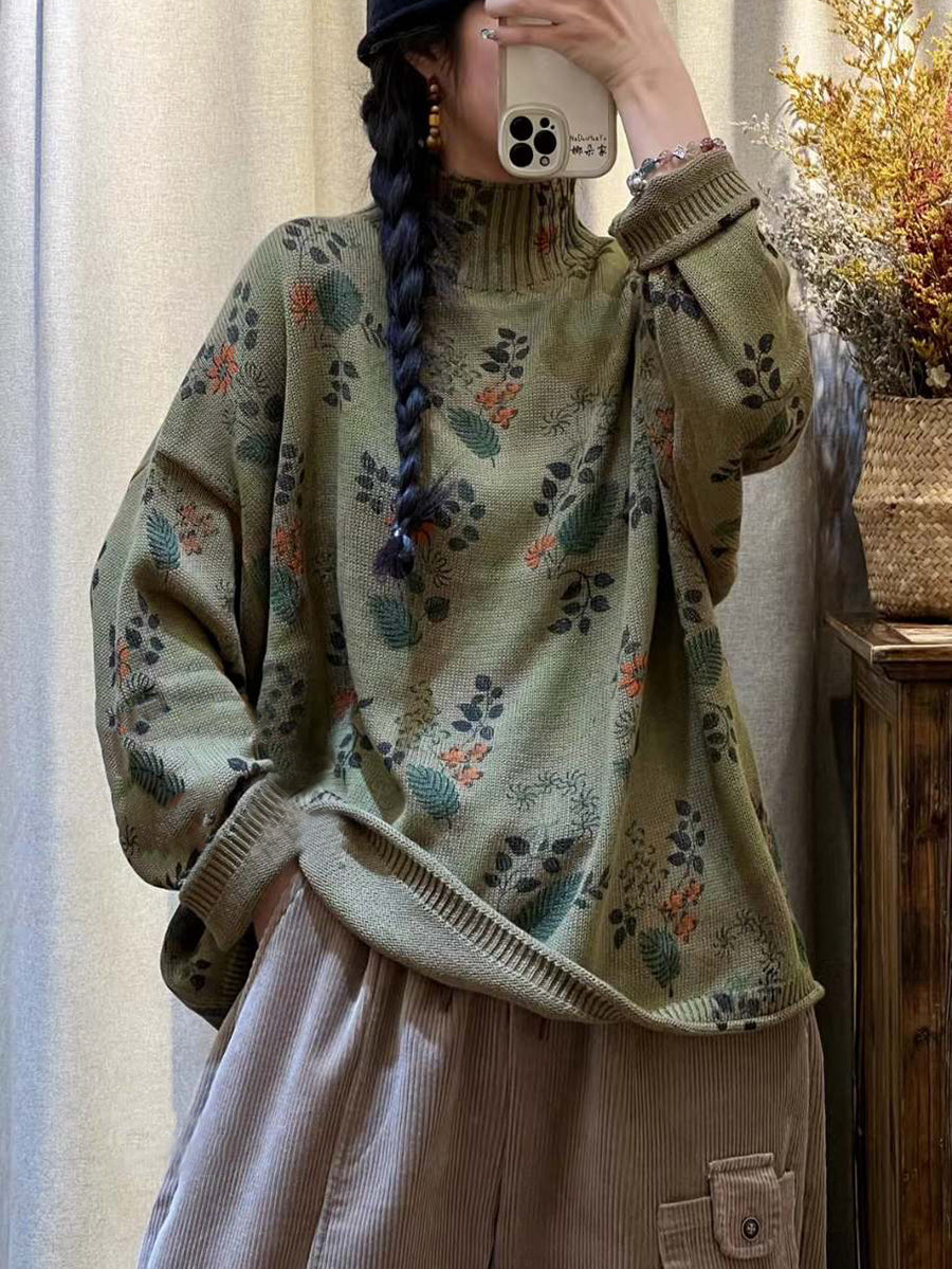 Damen Vintage Blumen Strick Rollkragenpullover AT1090