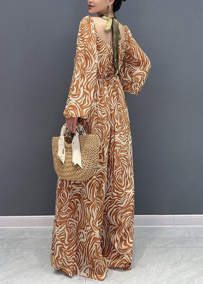 Novelty Coffee Print Wrinkled Chiffon Jumpsuit Long Sleeve AO1045