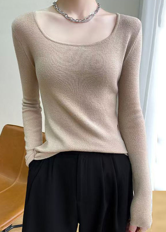 Haut en tricot de laine unie à col rond et coupe slim camel clair Automne QI012