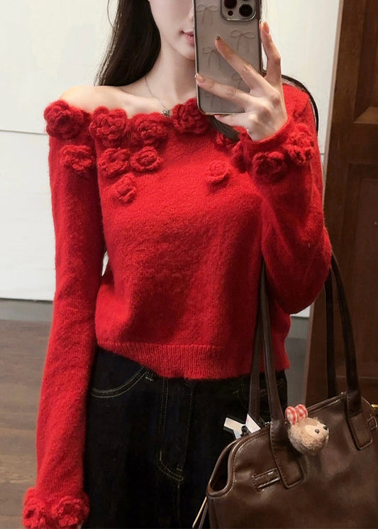 Red Floral Patchwork Knit Sweater Asymmetrical Winter WV006