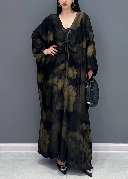 Plus Size Black V Neck Print Holiday Maxi Dress Long Sleeve AO1068