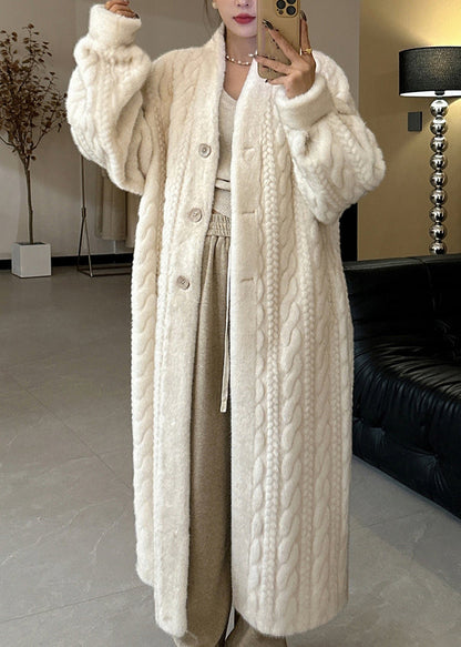 Casual Beige V Neck Button Mink Hair Leather And Fur Long Coats Winter WV022