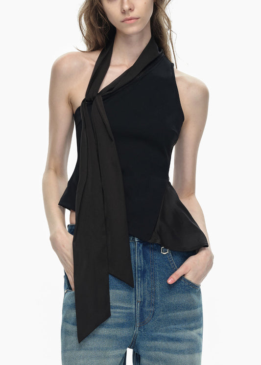 Stilvolle schwarze One-Shoulder-Bluse mit Schleife und Patchwork aus Baumwolle, ärmellos, EE002 