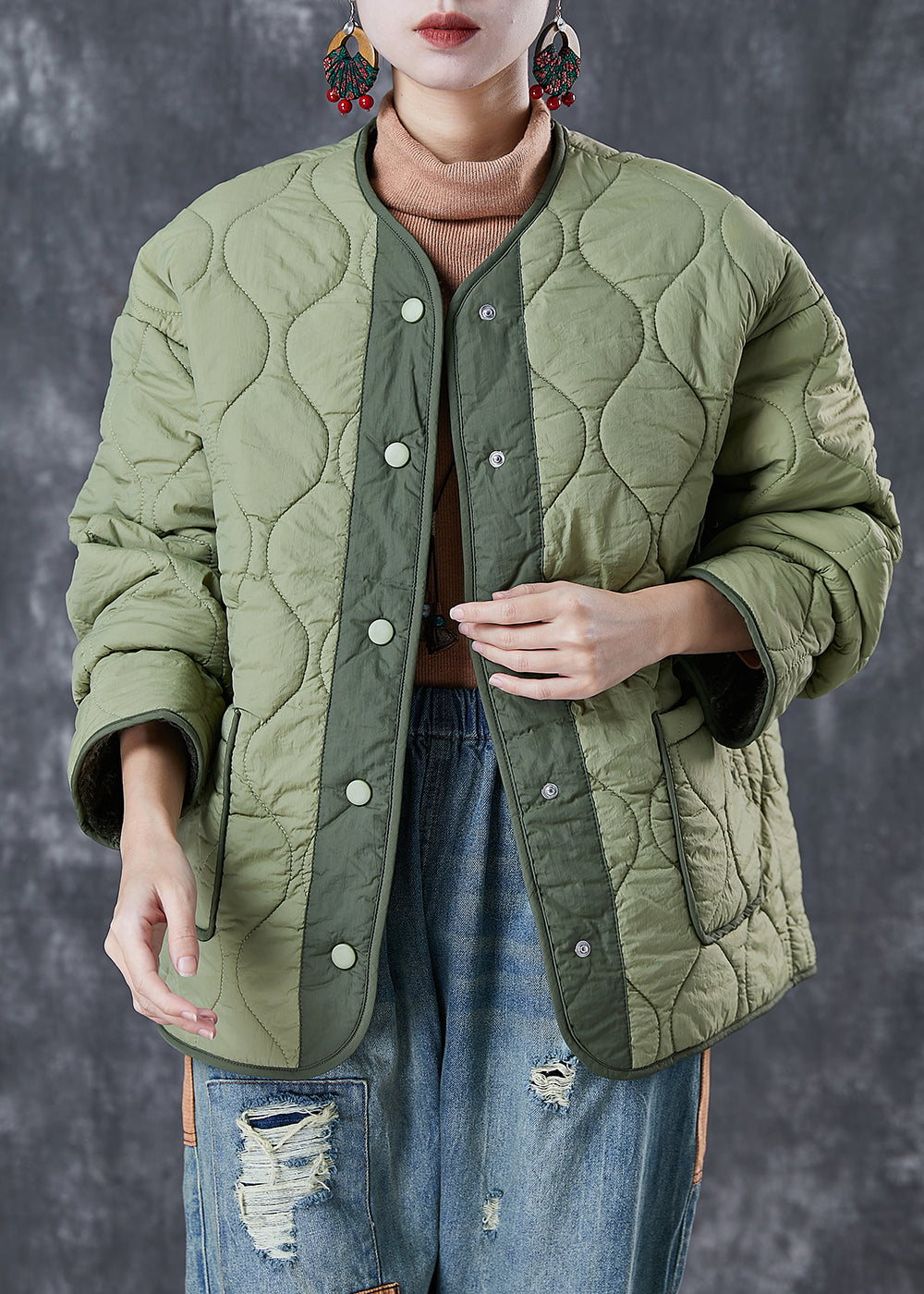 Veste polaire chaude en patchwork vert clair chic et épais pour l'hiver 