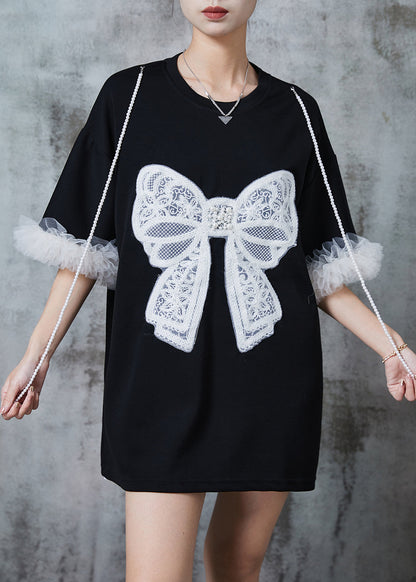 Modern Black Bow Embroideried Patchwork Cotton Tops Summer QA1019