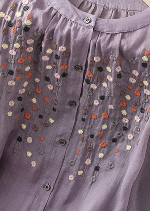 Grace Purple O Neck Embroideried Side Open Linen Blouse Spring QB032