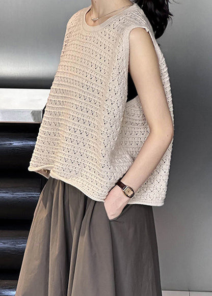 Khaki Hollow Out Cozy Loose Knit Vest O Neck Fall AF1010