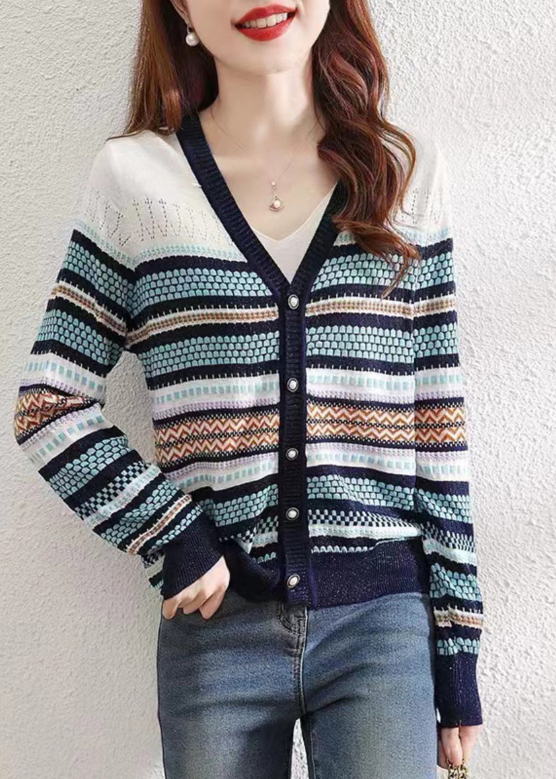 Women Colorblock V Neck Striped Patchwork Button Knit Cardigans Fall QP010