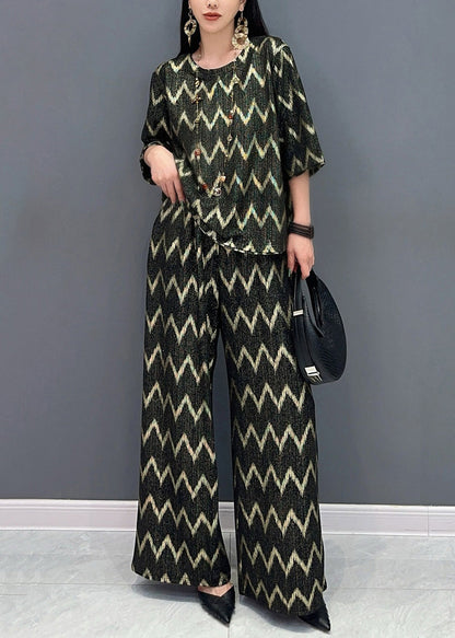 Casual Black Gold O-Neck Print And Wide Leg Pants T Shirt Two Pieces Set Short Sleeve AO1059