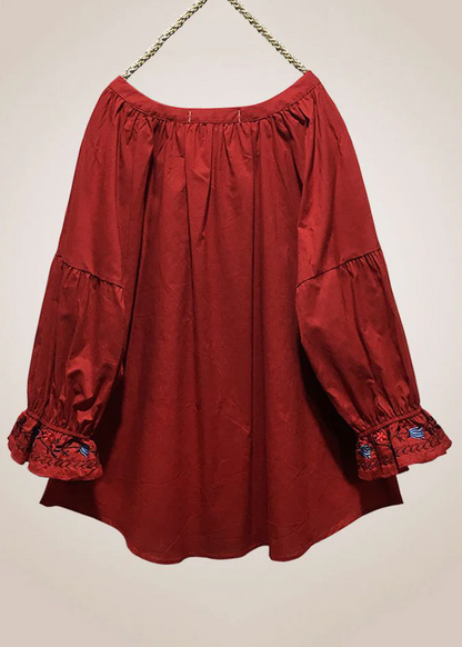 Grace Red Embroidered Lace Up Cotton Shirt Long Sleeve QR025