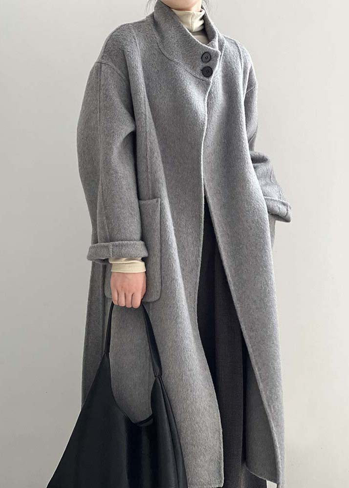 Manteau en laine gris italien à col montant et poches nouées à la taille Automne AF1099 