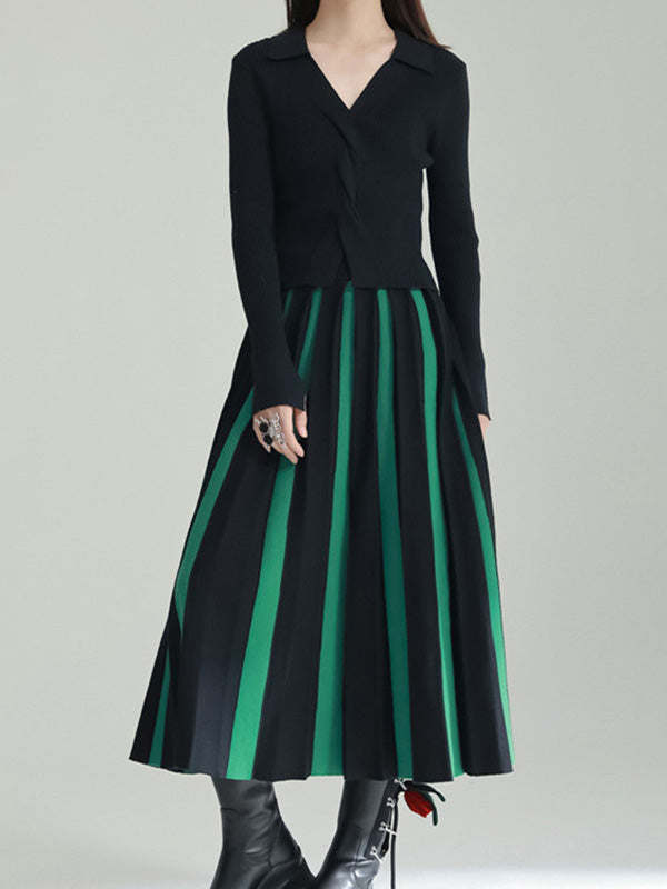 A-line Pleated Retro Skirt Knit Contrast White Color