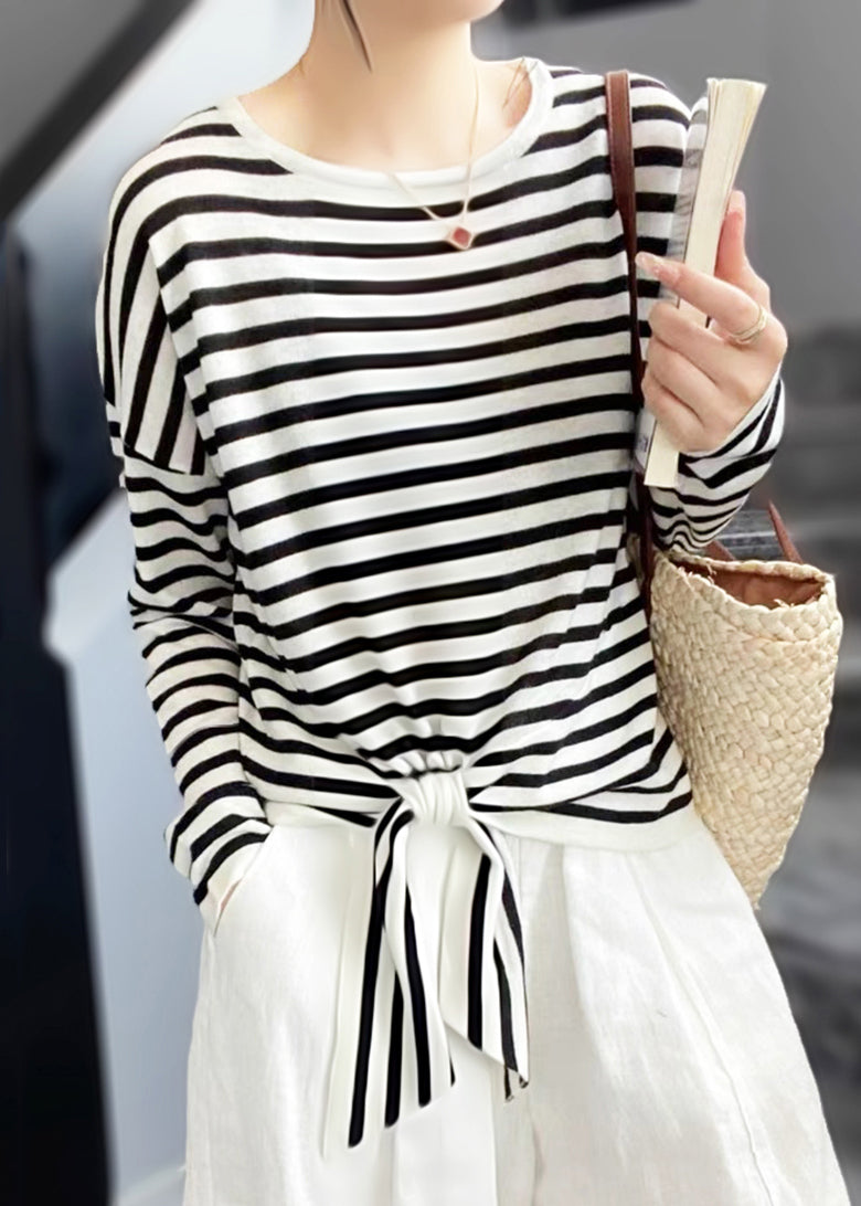 Chemise en coton à col ample et rayures noires à lacets Spring OT 