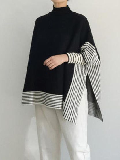 Design Loose High Neck Split-Side Striped Batwing Sleeve Sweater QX010