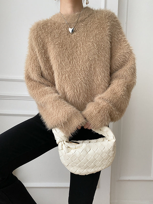 Simple Loose Coffee Round-Neck Long Sleeve Mohair Knit Top AN1062