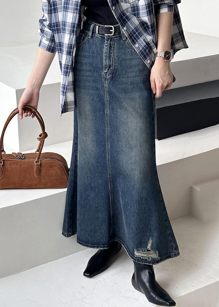 French Blue Hole High Waist Denim Maxi Skirts Fall AF1019